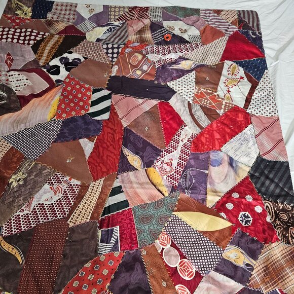 Vint Handmade Crazy Lap Quilt Blanket Silk Scarve Scarf Patchwork Boho 65"x 42" - Picture 10 of 13